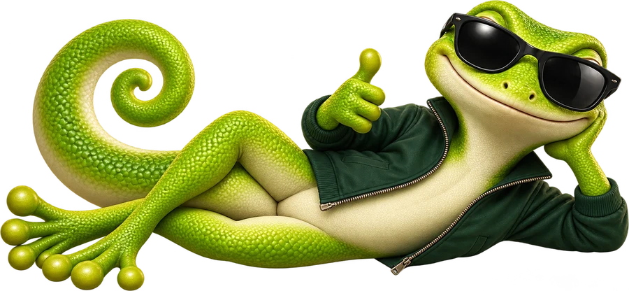 QRLizard-Gecko mit Sonnenbrille liegt lässig und zeigt einen Daumen nach oben