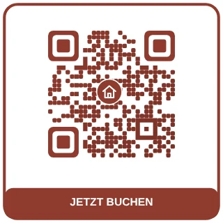 QR-Code-Vorlage Unterkunft buchen: Warmes Ziegelrot mit Haus, für Ferienwohnung und Buchungsseite
