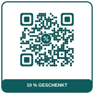 QR-Code-Vorlage Rabatt fürs nächste Mal: Kräftiges Petrol mit Prozentzeichen für den Gutscheincode